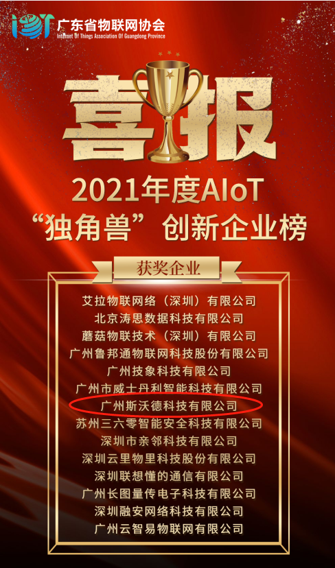 再摘殊榮！斯沃德科技獲“2021 AIoT獨角獸創(chuàng)新企業(yè)獎”